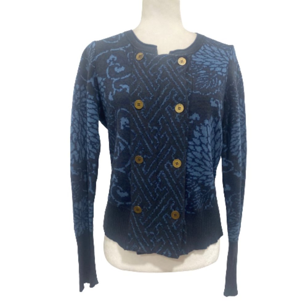 Peruvian Connection Blue Floral Button Sweater Cardigan Size Small